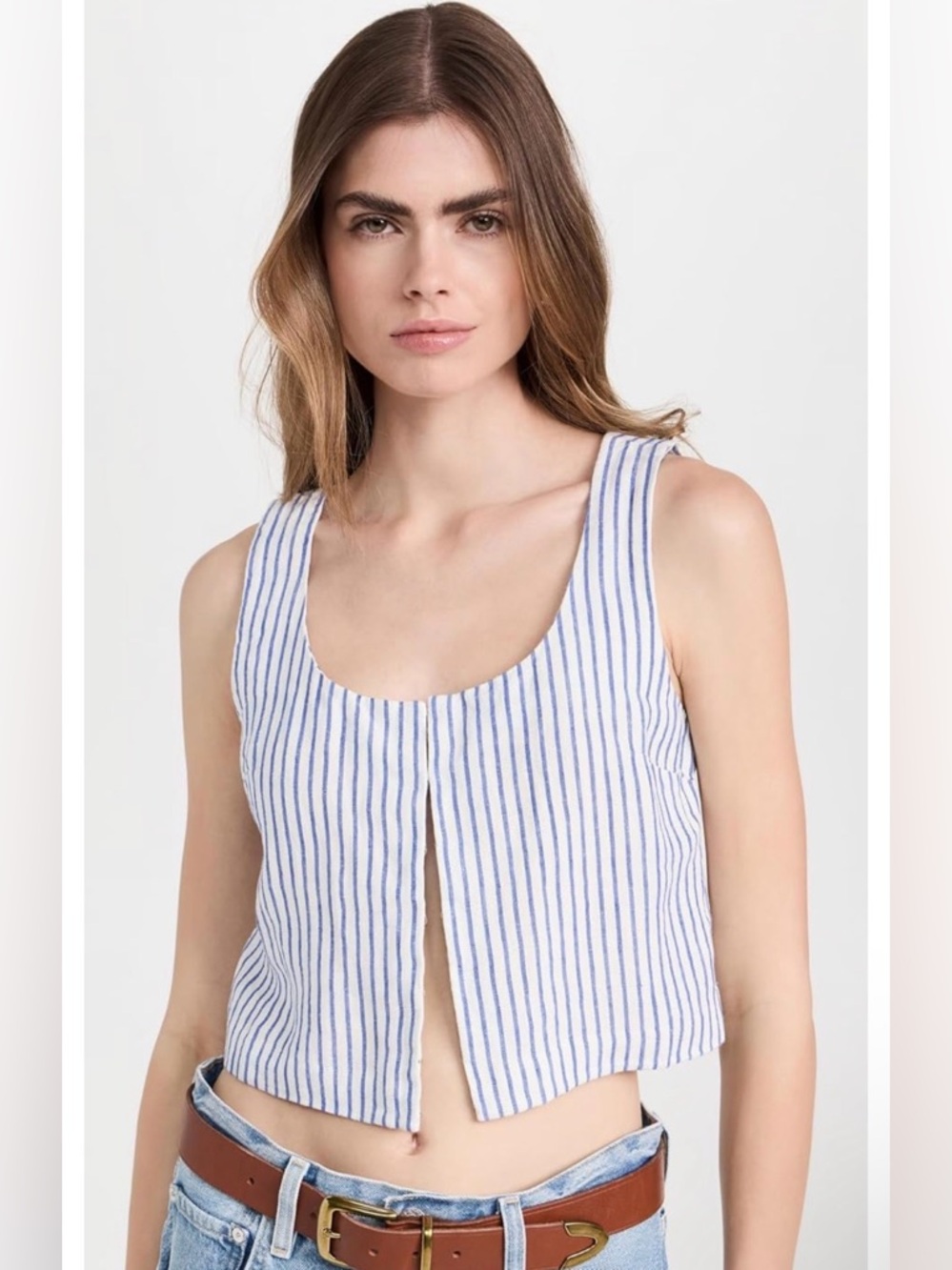 Madewell Scoopneck Crop Tank in 100% Linen Blue & White Stripes Size 10